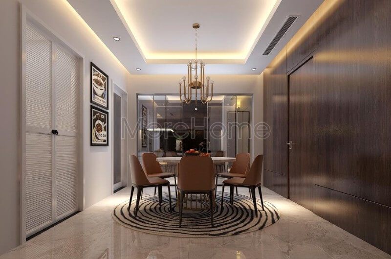 . Bộ bàn ghế ăn gỗ tự nhiên đơn giản và không có họa tiết phức tạp, nhưng vẫn tạo nên một không gian trang nhã và hiện đại cho căn phòng.